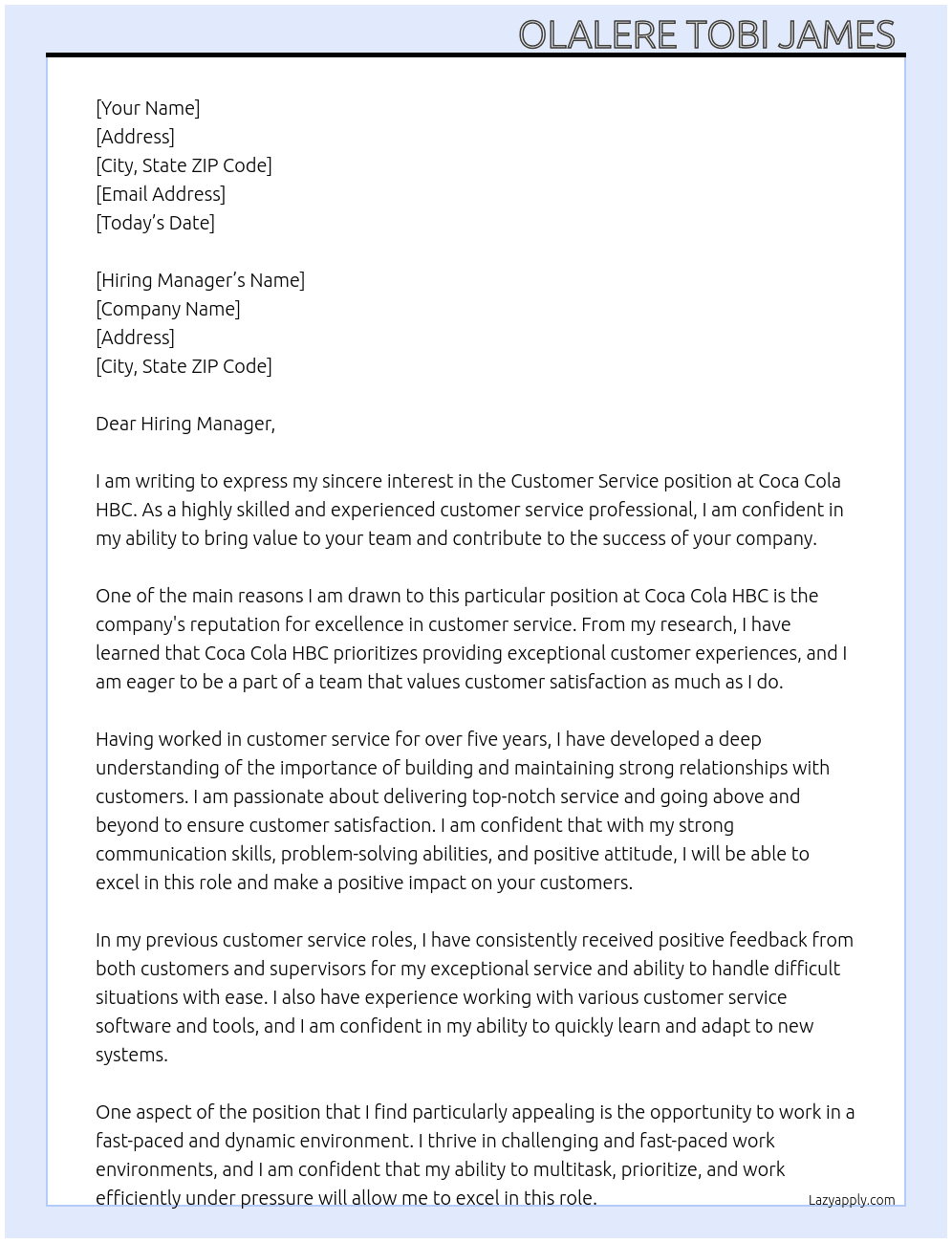 Customer service  At Coca Cola HBC Cover Letter