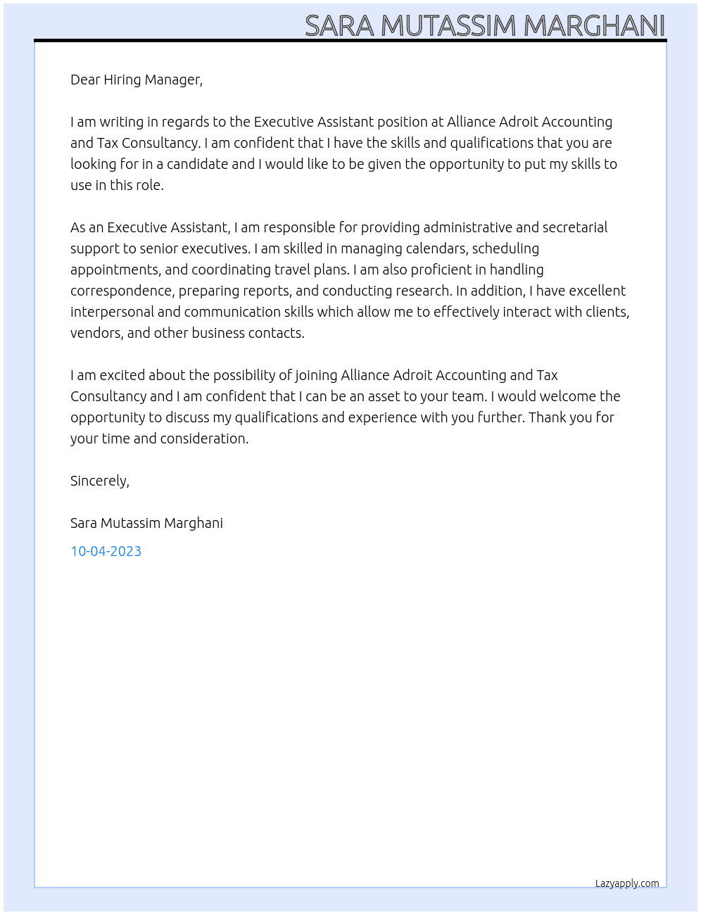 Executive assistant At Alliance Adroit Accounting and Tax Consultancy Cover Letter