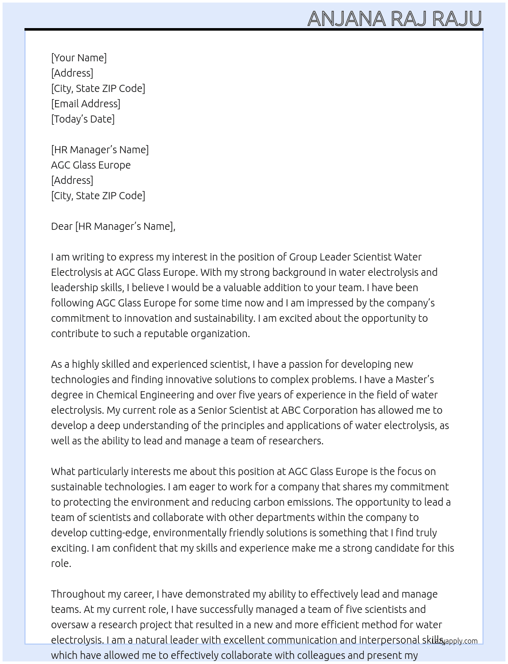 GROUP LEADER SCIENTIST WATER ELECTROLYSIS  At AGC Glass Europe Cover Letter