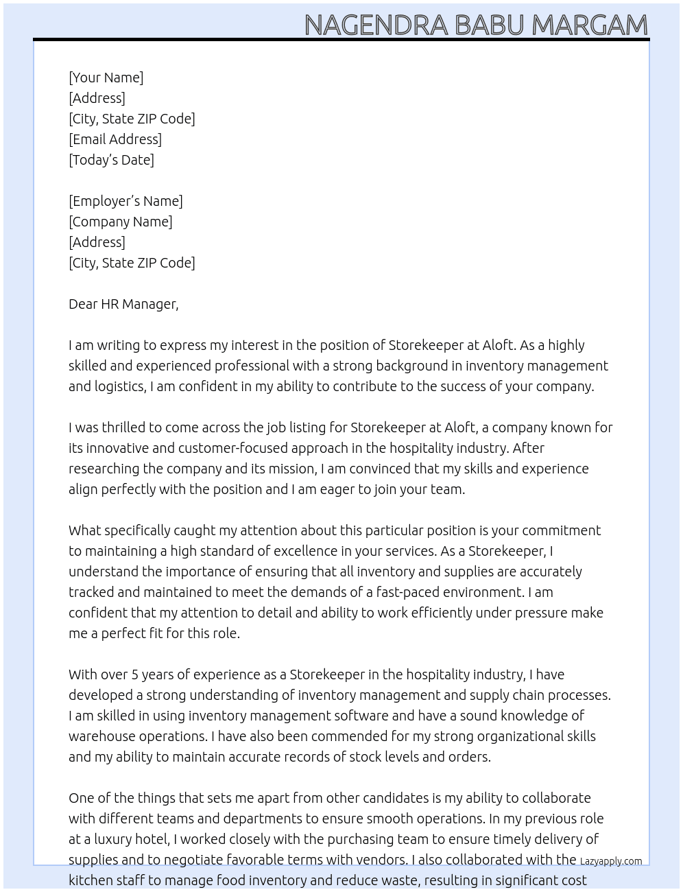 Storekeeper At Aloft  Cover Letter