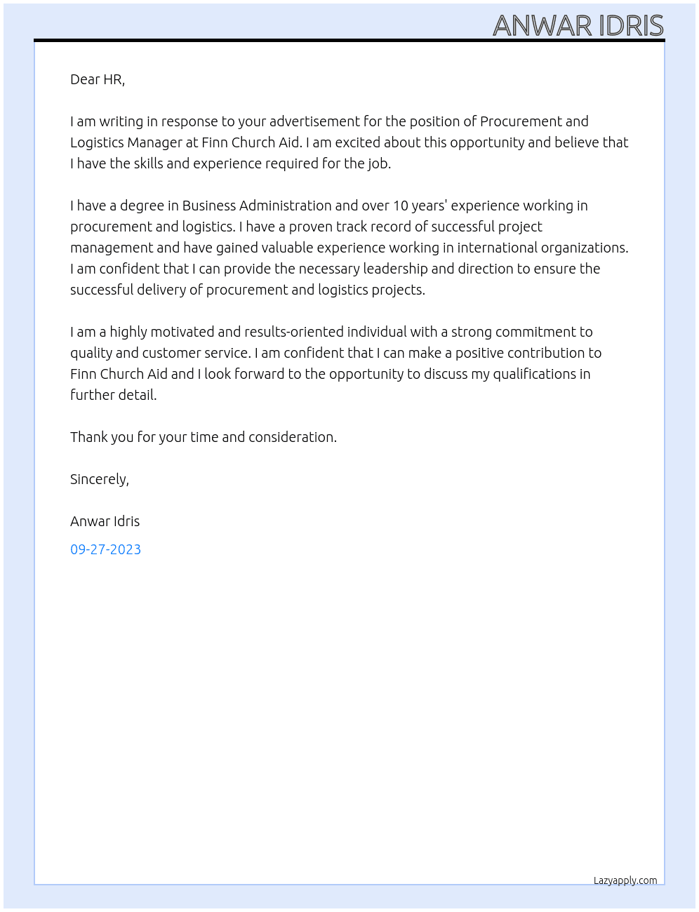 Procurement and Logistics Manager At Finn Church Aid Cover Letter