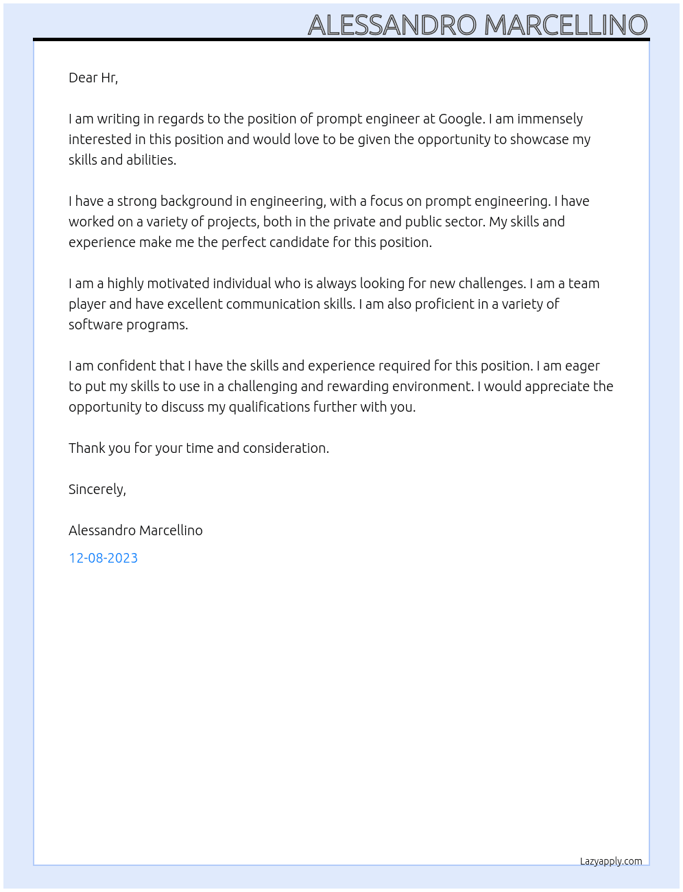 prompt engineer At Google Cover Letter