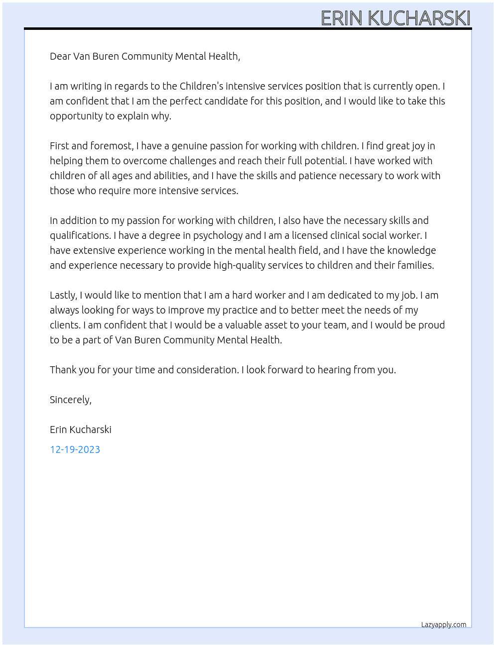 Children's intensive services At Van Buren Community Mental Health Cover Letter
