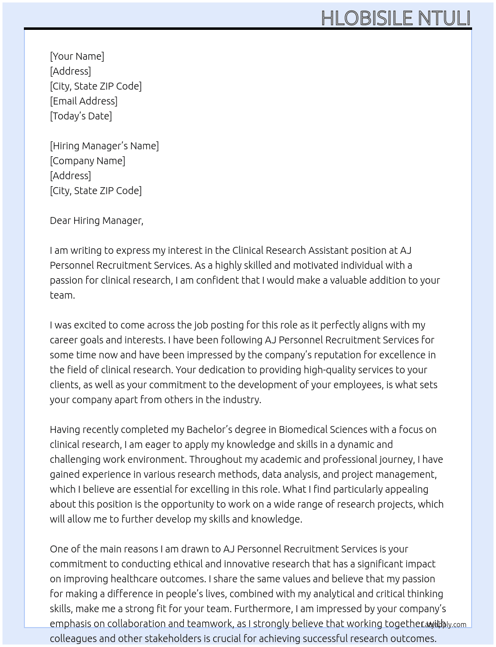 Clinical Research Assistant At AJ Personnel Recruitment Services  Cover Letter