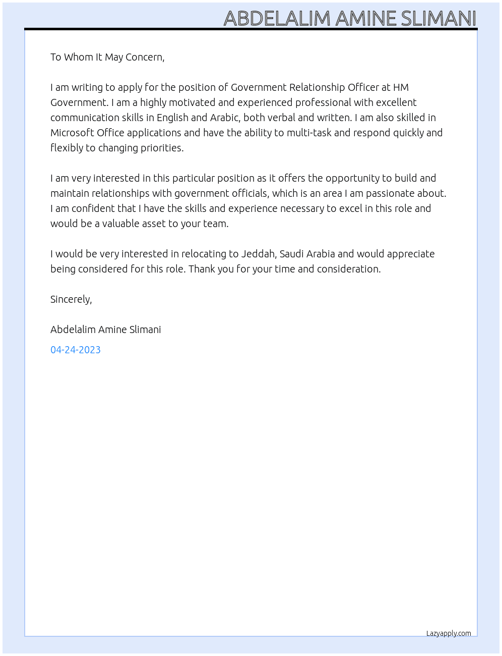 Government Relationship Officer At HM Government Cover Letter