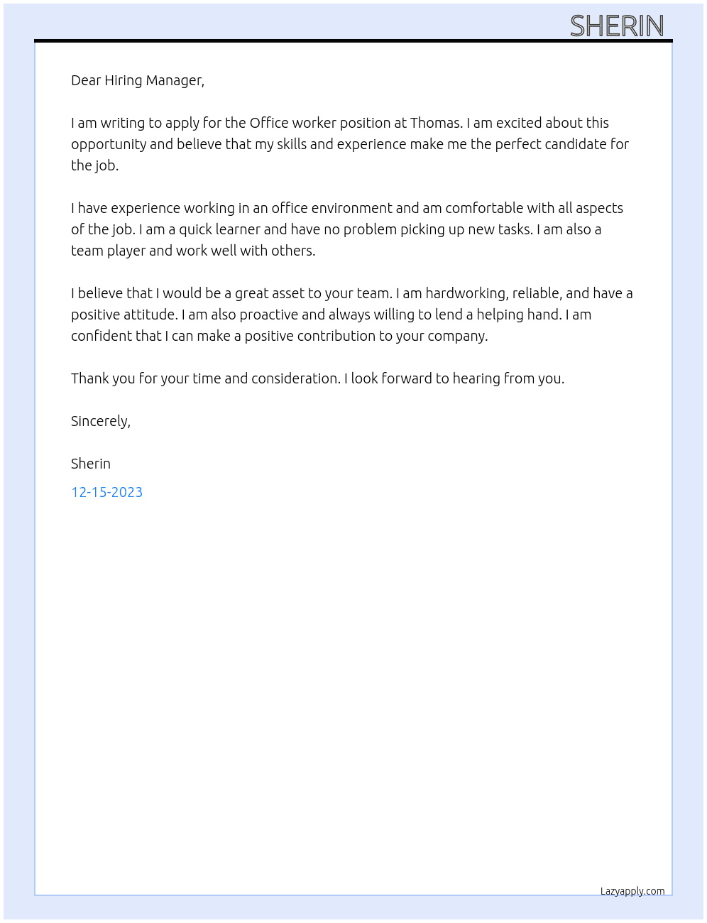Office worker At Thomas Cover Letter