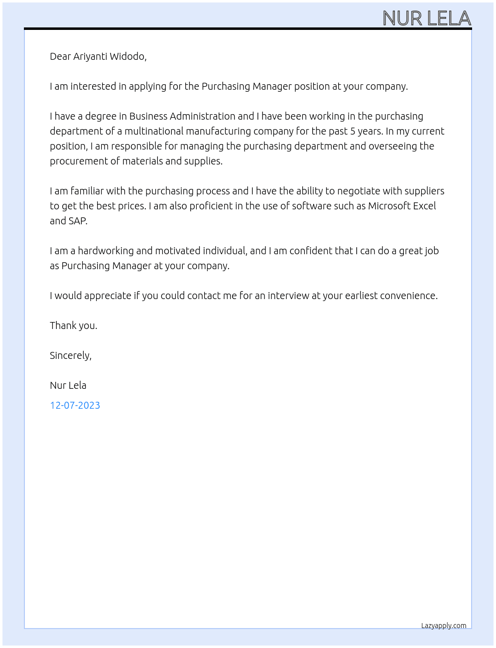 Purchasing Manager At multinational manufacturing industry from Europe Cover Letter