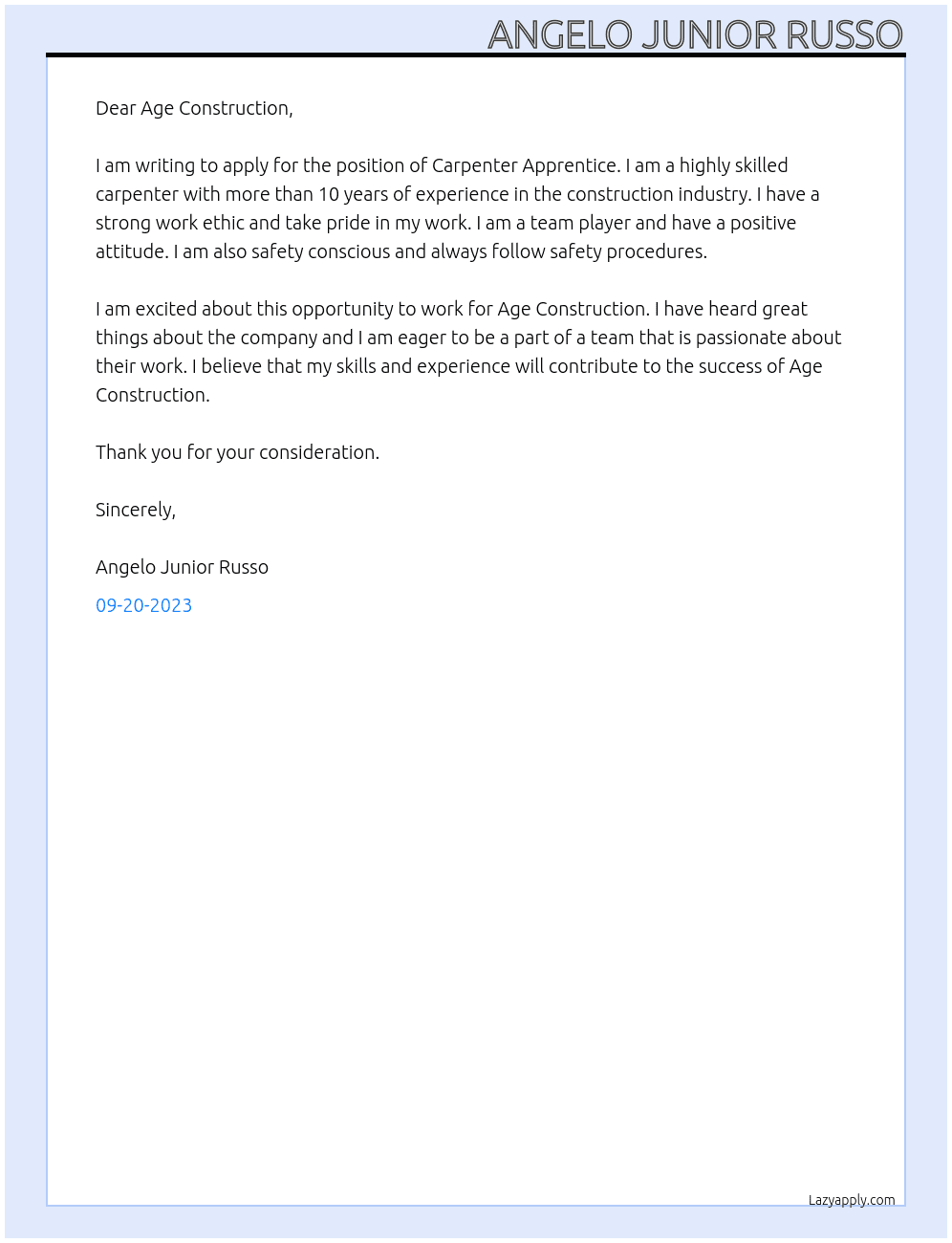 Carpenter Apprentice  At Age construction  Cover Letter