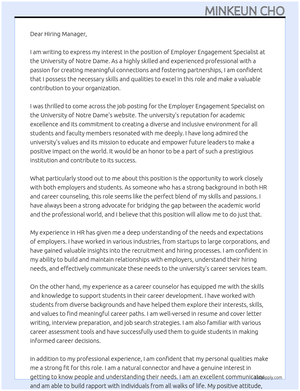 Employer Engagement Specialist At University of Notre Dame Cover Letter