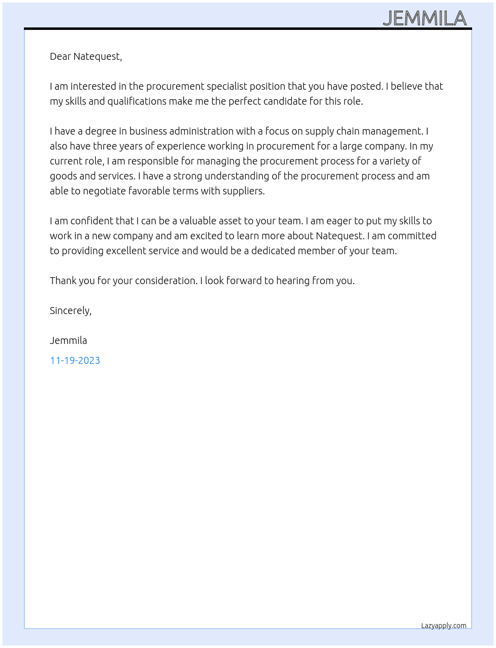 Procurement specialist  At Natequest  Cover Letter
