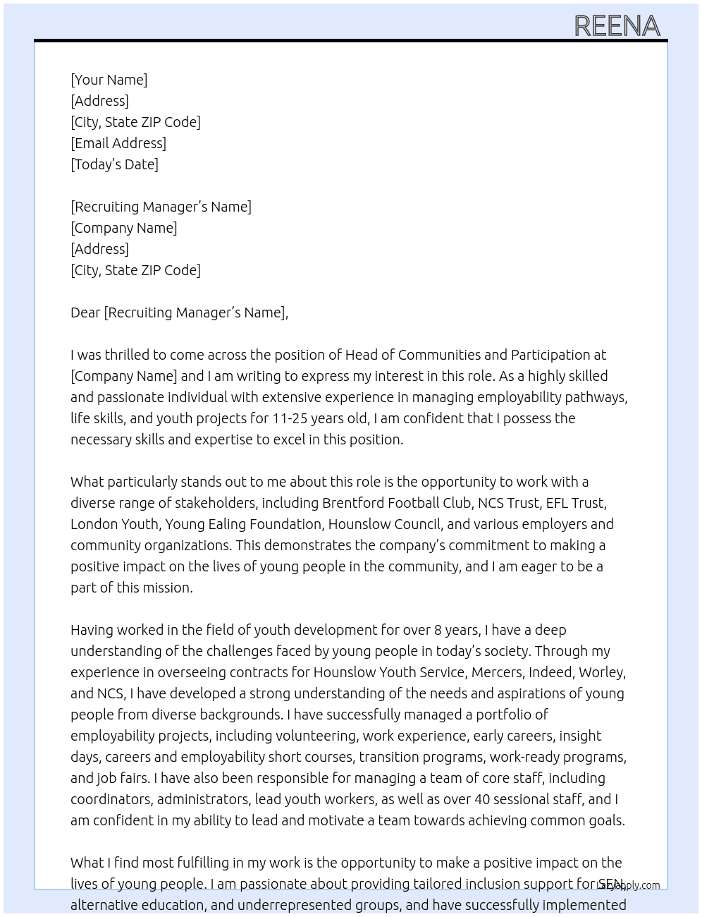 Head of Communities and Participation At Head of communities and Participation  Cover Letter