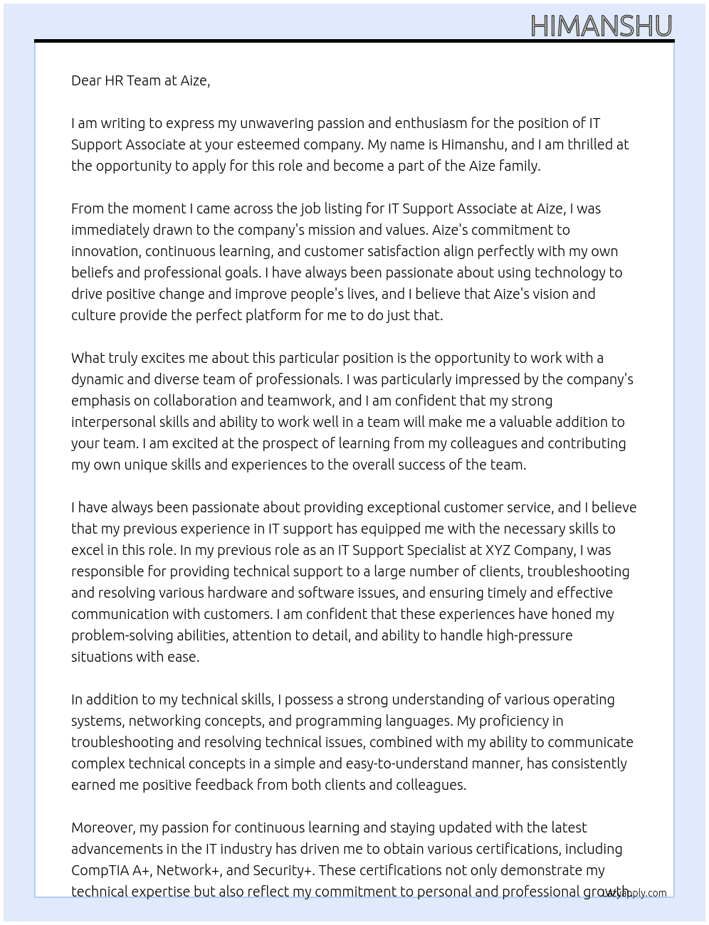 IT Support Associate At Aize Cover Letter