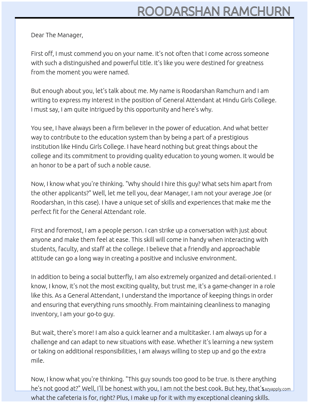 General Attendant  At Hindu Girls College Cover Letter