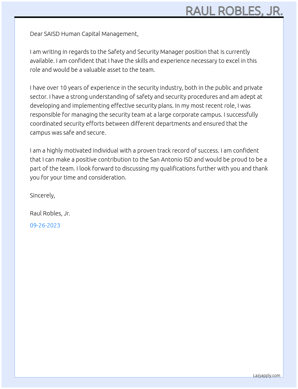 Safety and Security Manager At San Antonio ISD Cover Letter