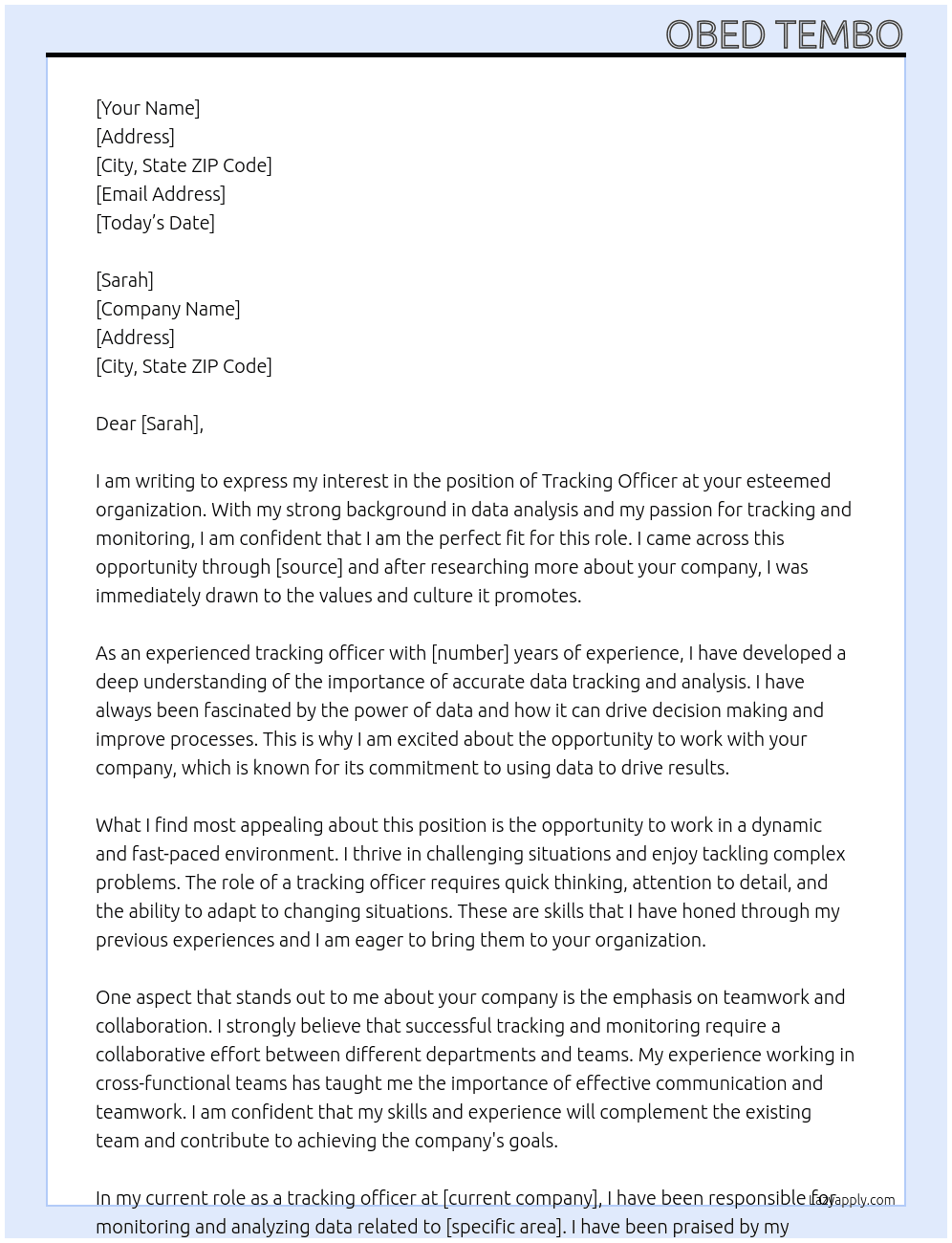 tracking officer At sarah  Cover Letter