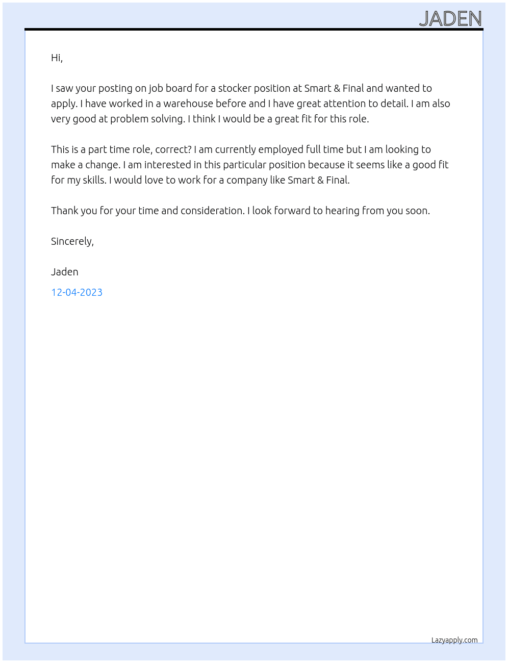 Stocker At Smart & Final Cover Letter