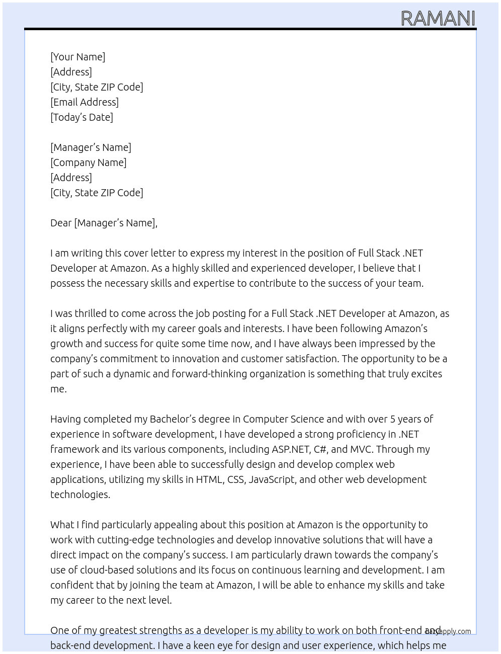 full stack .net developer At amazon Cover Letter