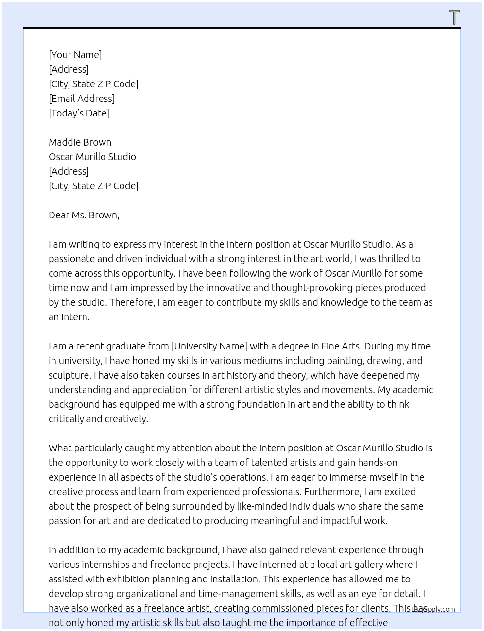 Intern At Oscar Murillo Studio Cover Letter