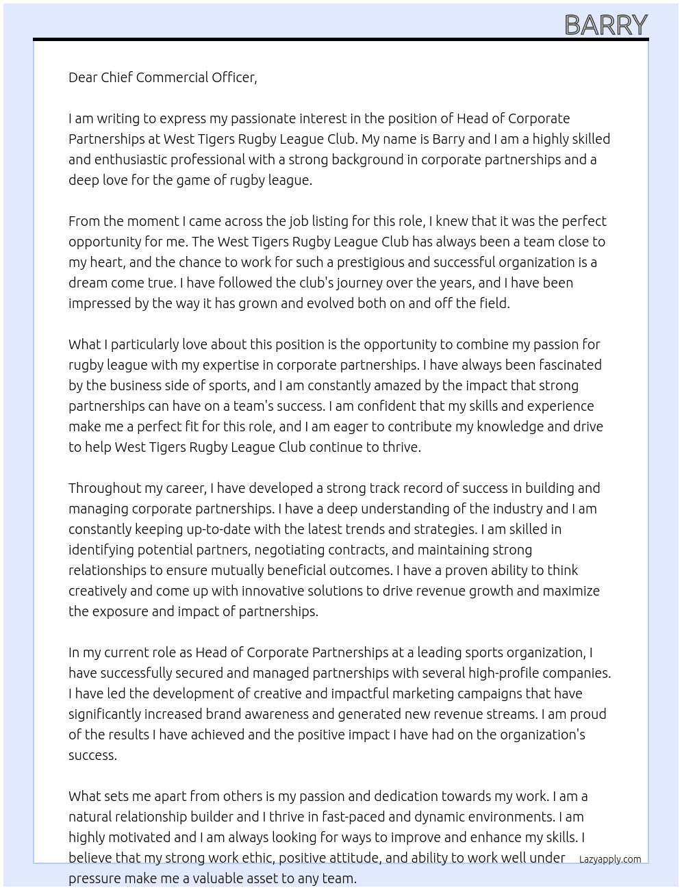 Head of Corporate Partnerships At West Tigers Rugby League Club Cover Letter