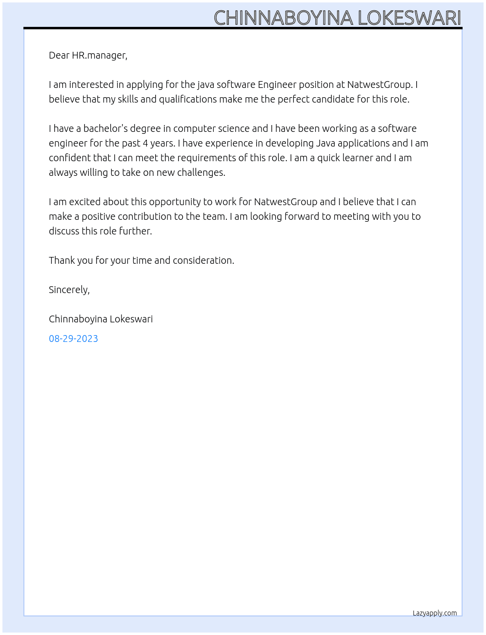 java software Engineer At NatwestGroup Cover Letter