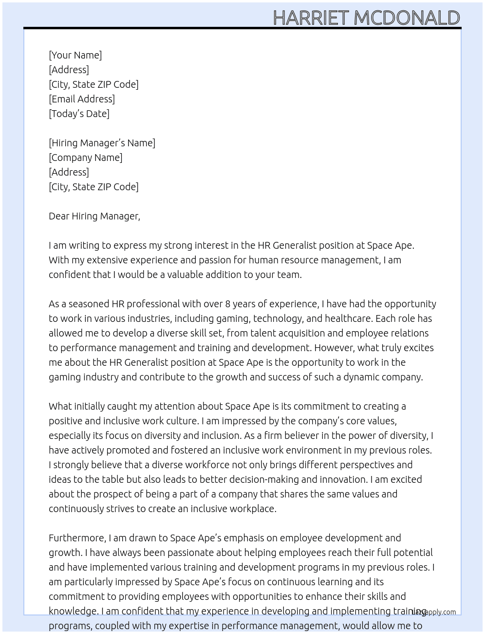 HR Generalist At Space Ape Cover Letter