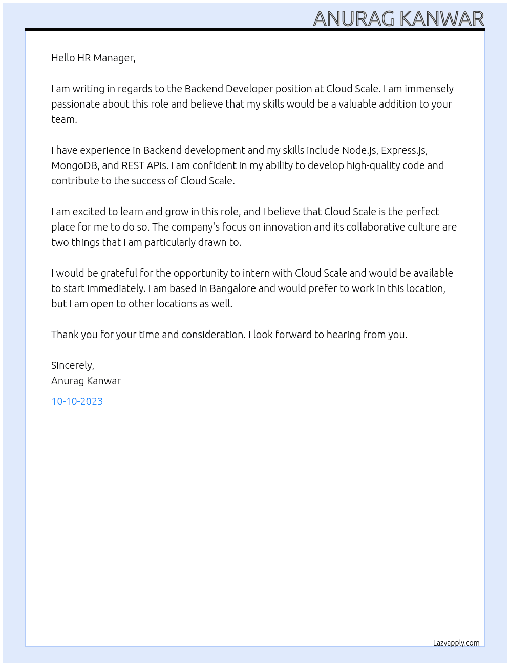 Backend Developer At Cloud Scale Cover Letter