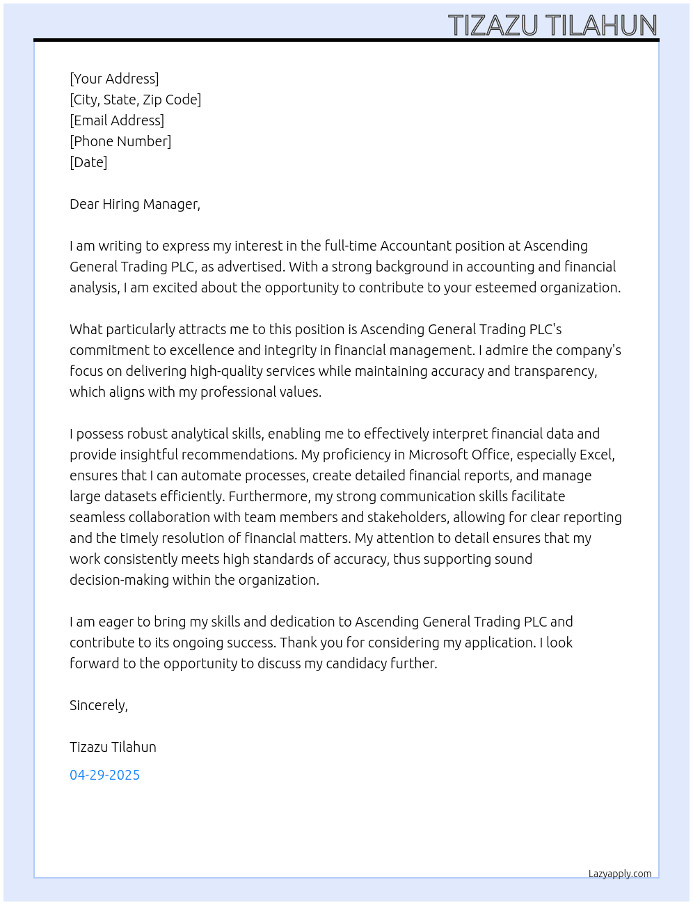 Accountant At Ascending general trading PLC Cover Letter