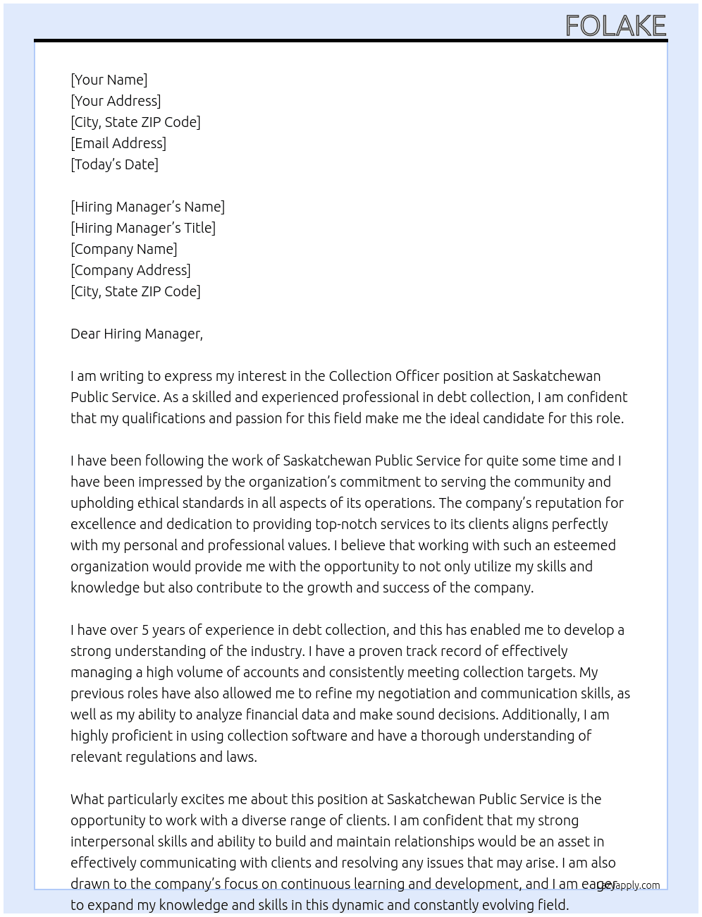 Collection Officer At Saskatchewan Public Service Cover Letter