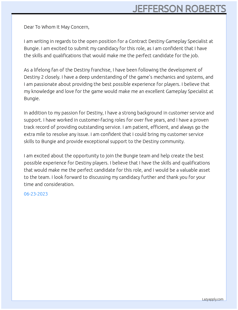 Contract Destiny Gameplay Specialist At Bungie Cover Letter