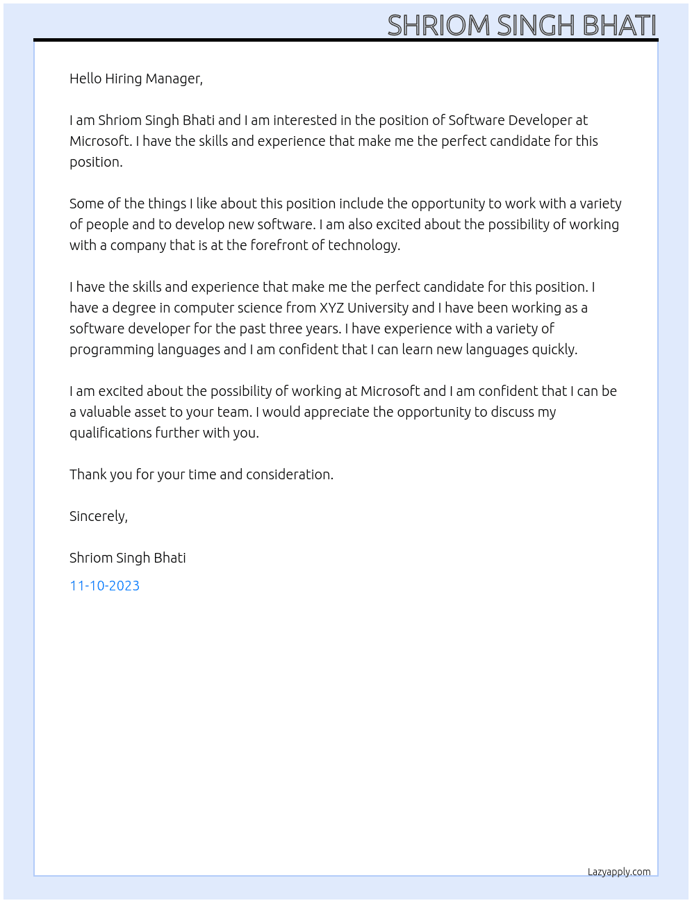 Software Developer At Mircrosoft Cover Letter
