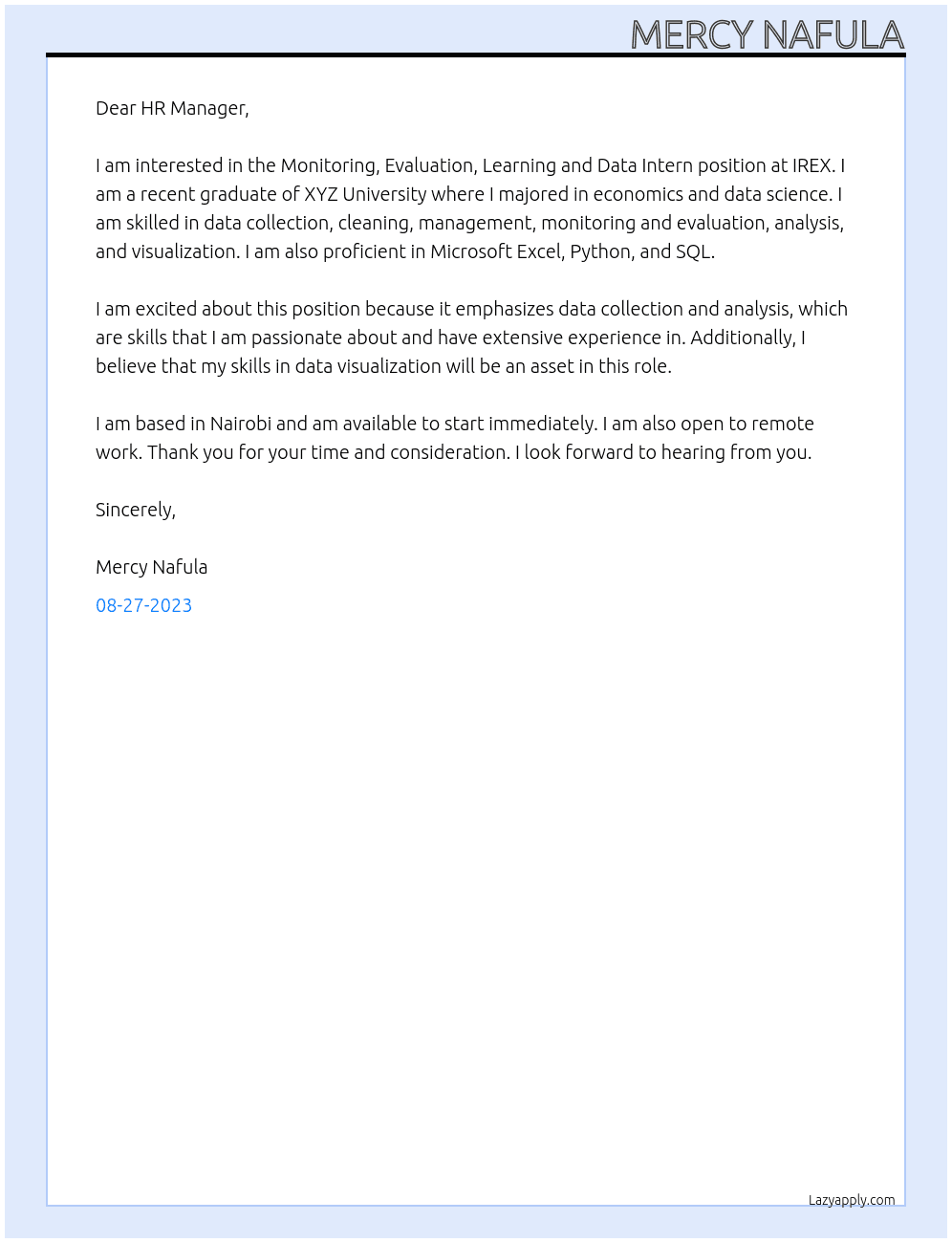 Monitoring, Evaluation, Learning and Data Intern At IREX Cover Letter