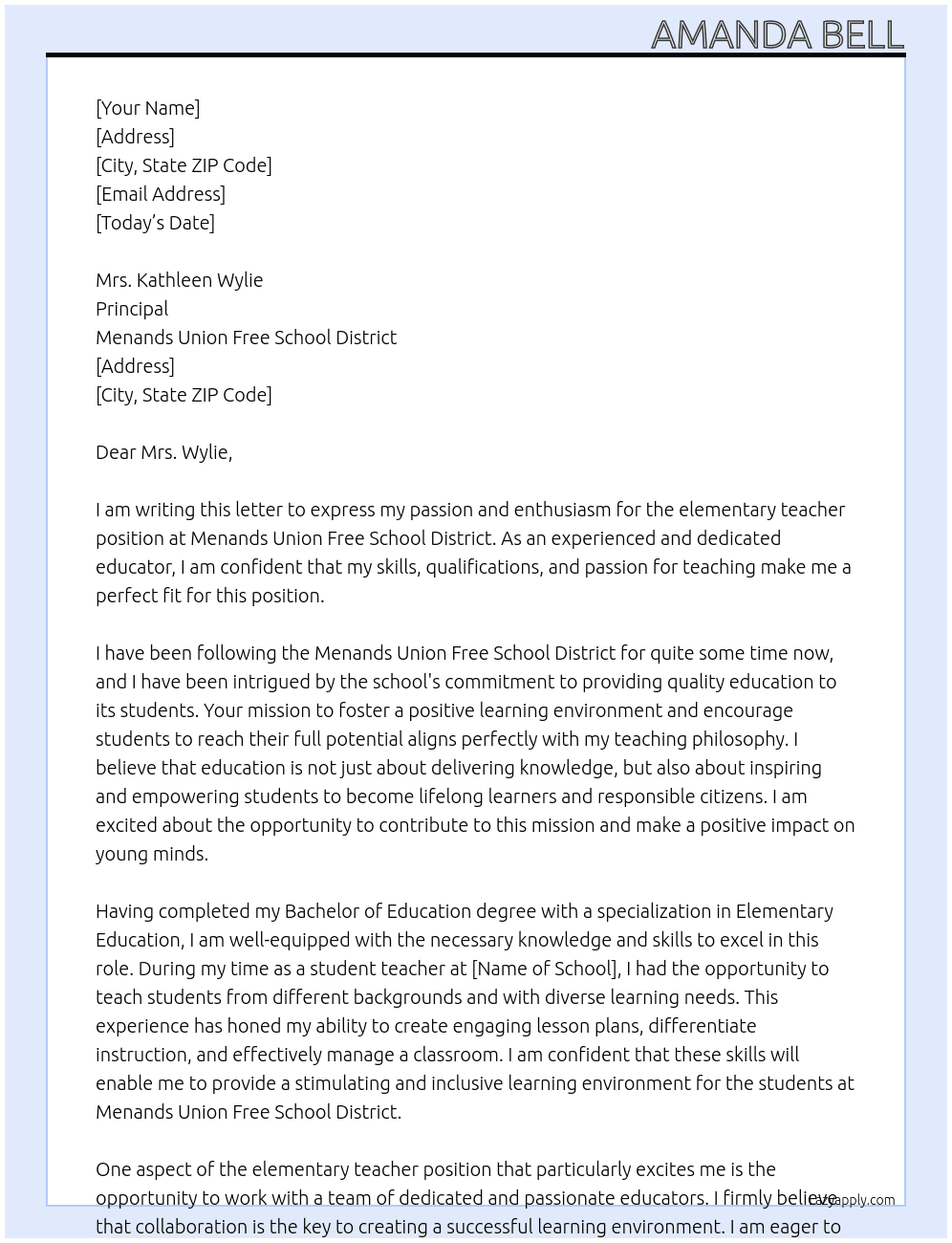 elementary teacher At Menands Union Free School District  Cover Letter