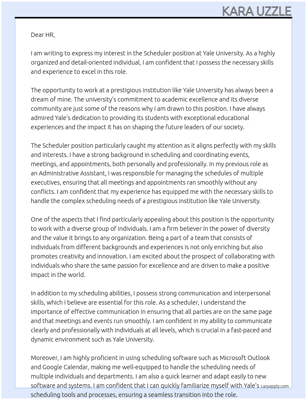 Scheduler At Yale University Cover Letter