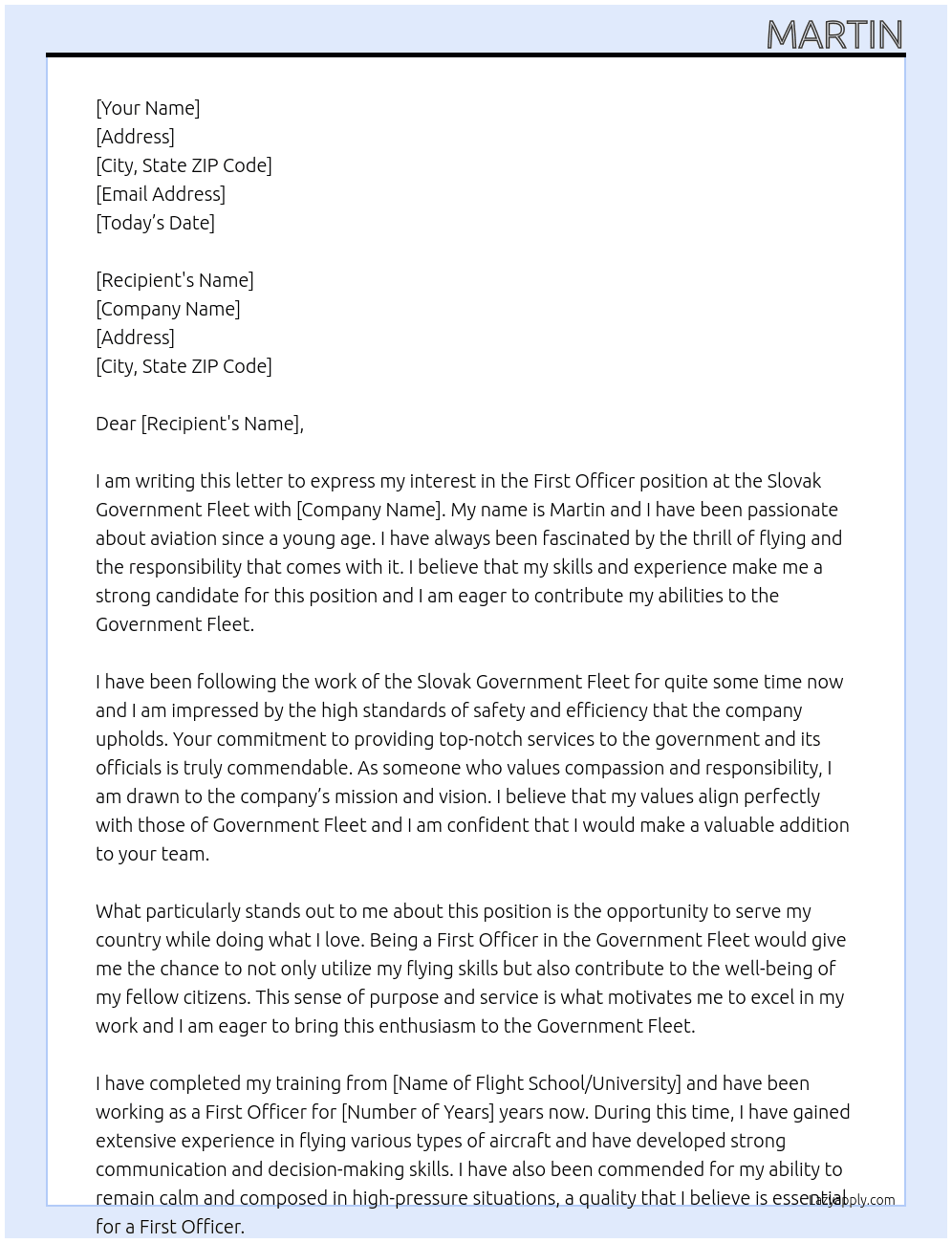 First Officer Slovak Goverment fleet At Goverment fleet Cover Letter