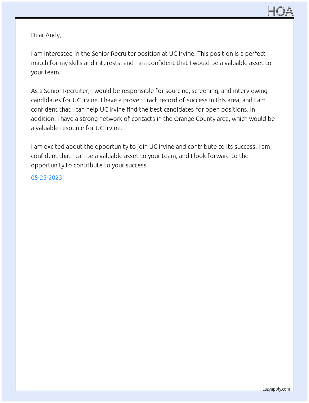 Senior Recruiter At UC Irvine Cover Letter