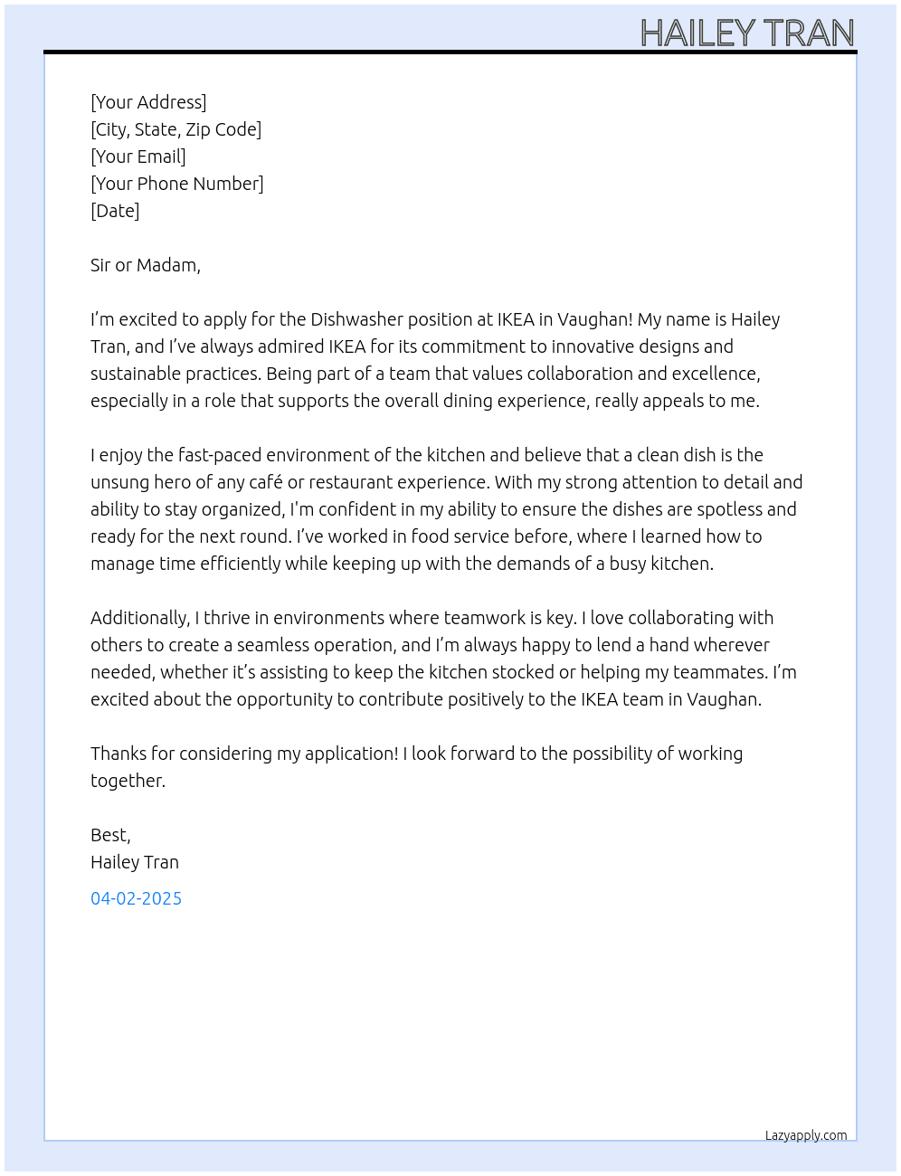 Dishwasher At IKEA Cover Letter