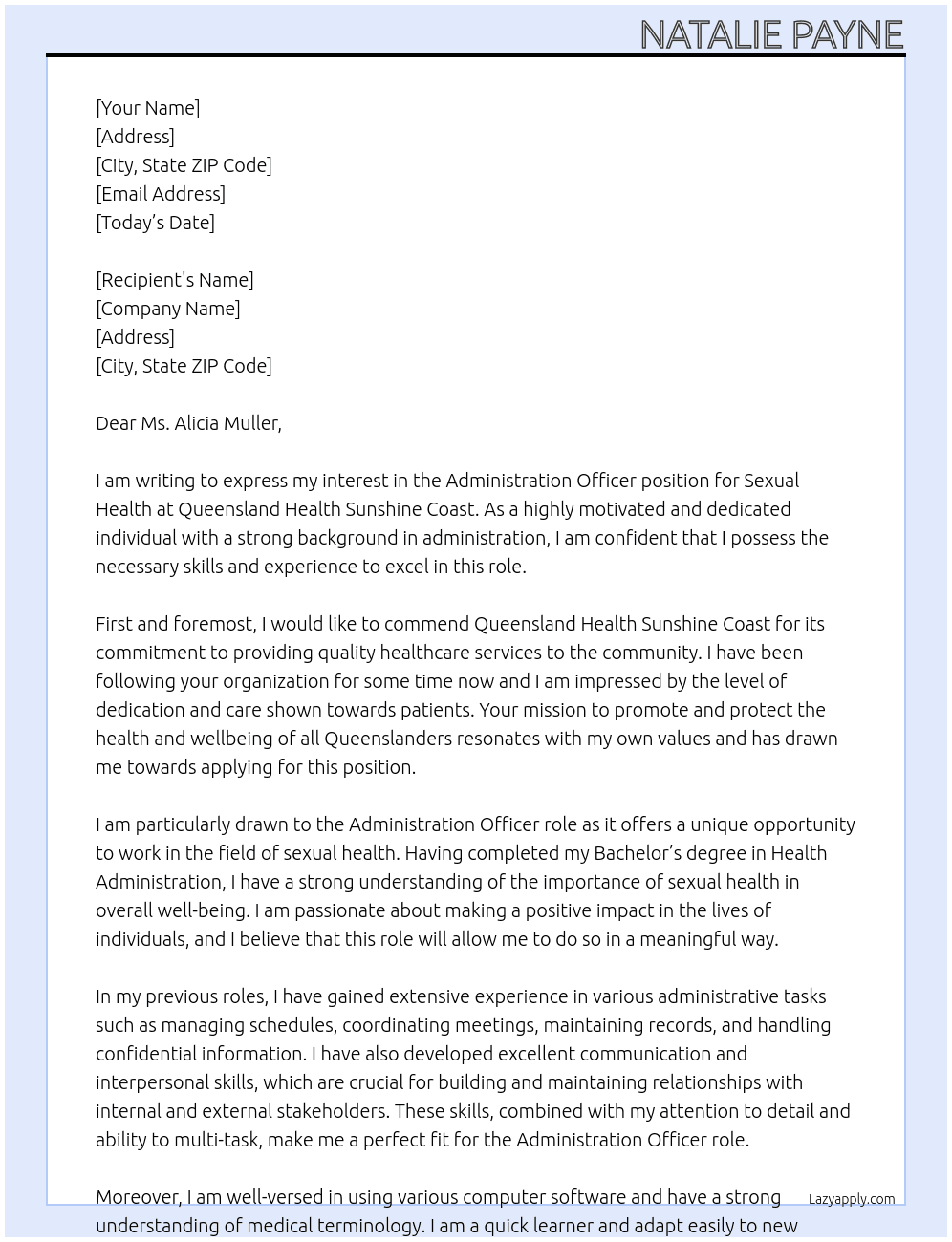Administration Officer - Sexual Health At Queensland Health Sunshine Coast Cover Letter