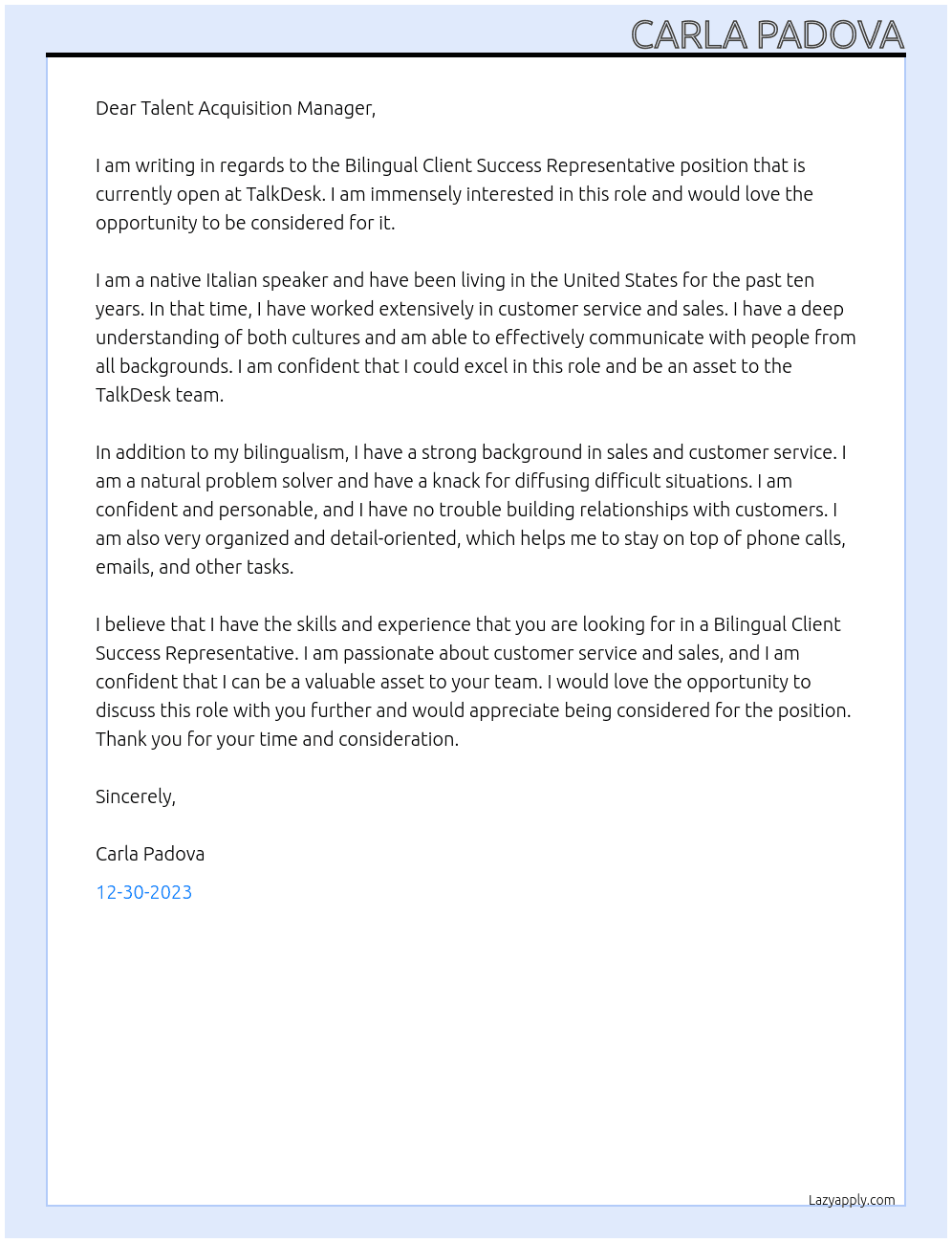 Bilingual Client Success Representative (Remote, CSales Development Representative - Italyontract) At TalkDesk Cover Letter