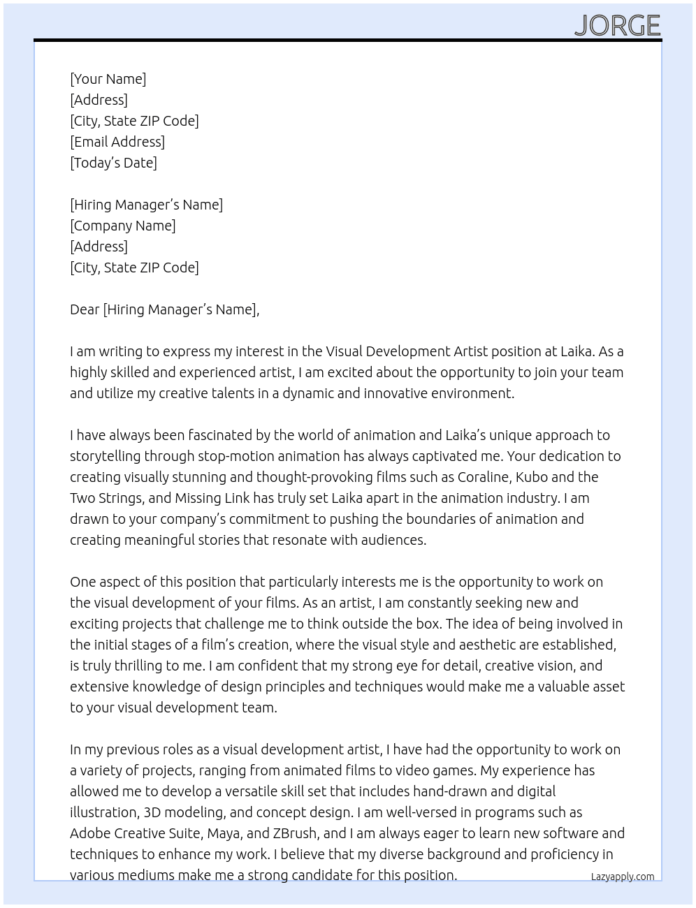 visual development artist At Laika Cover Letter