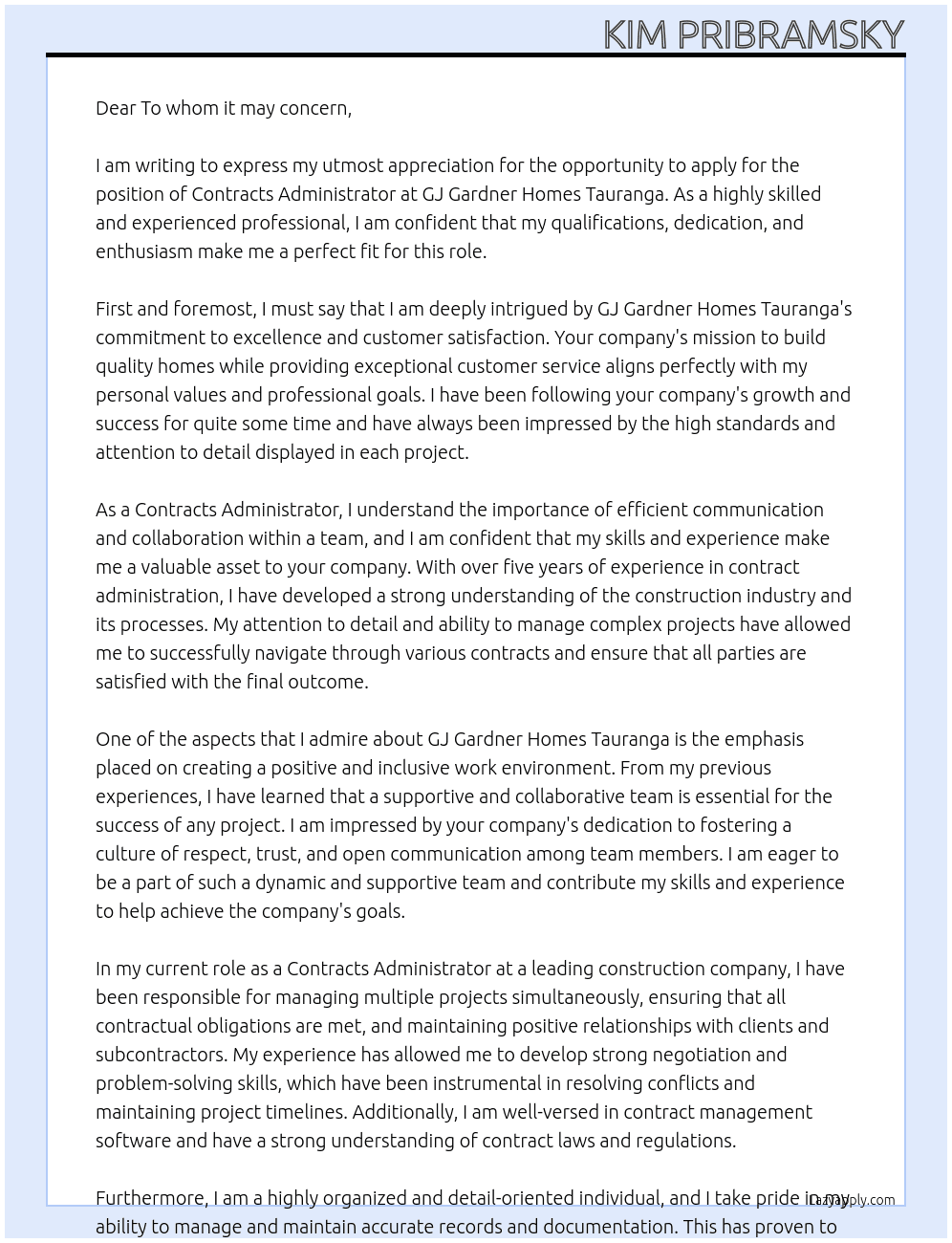 Contracts Administrator At GJ Gardner Homes Tauranga Cover Letter