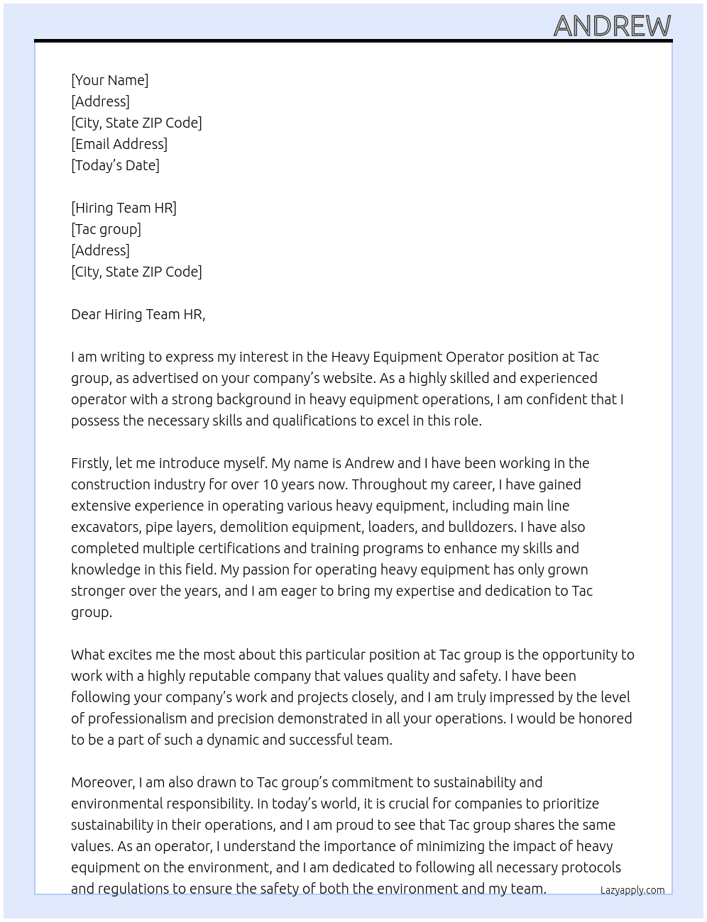 Heavy equipment operator  At Tac group Cover Letter