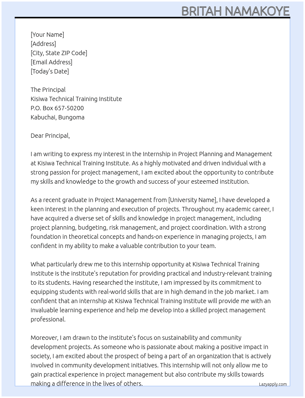 INTERNSHIP IN PROJECT PLANNING AND MANAGEMENT At KISIWA TECHNICAL TRAINING INSTITUTE Cover Letter