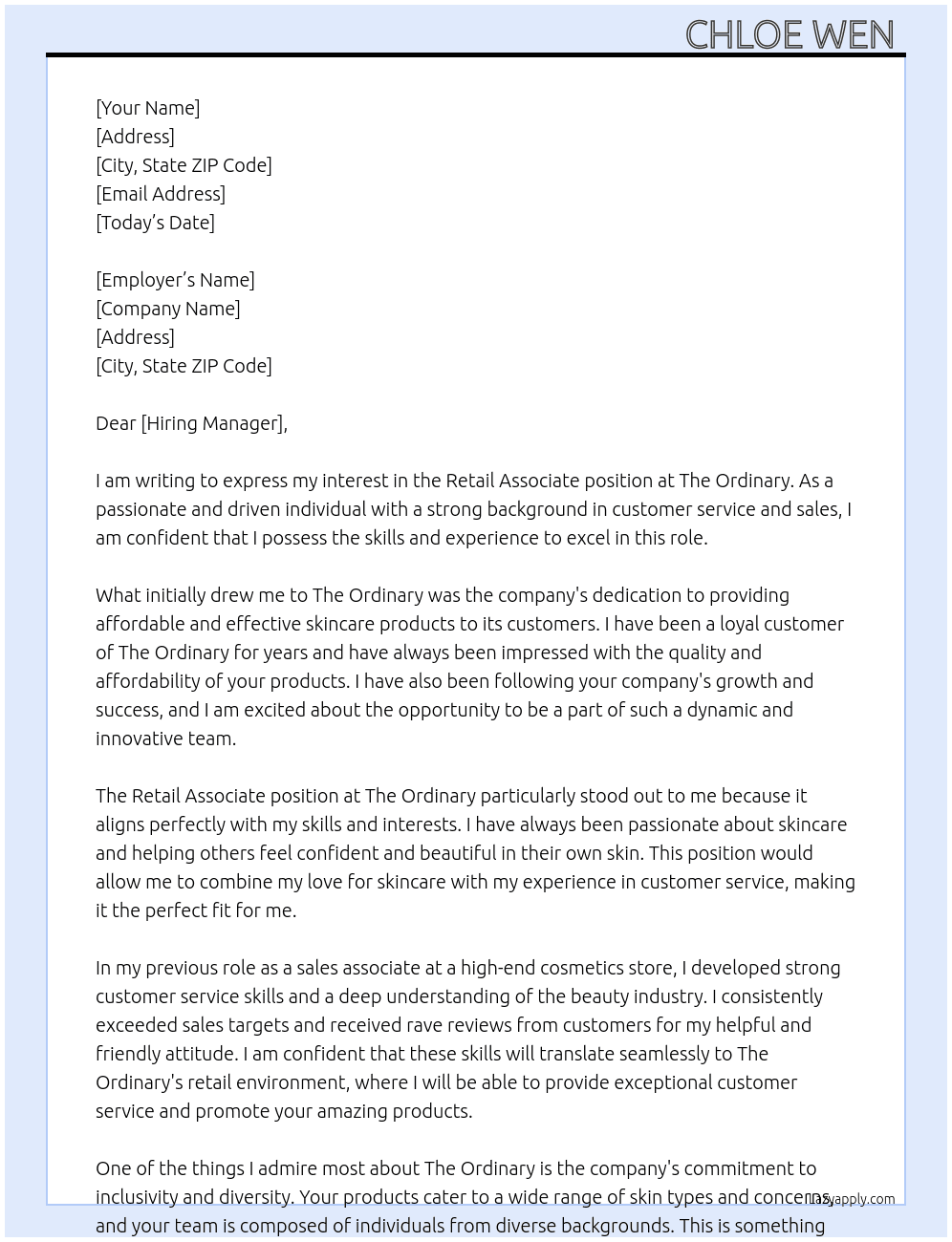 retail associate At The ordinary Cover Letter