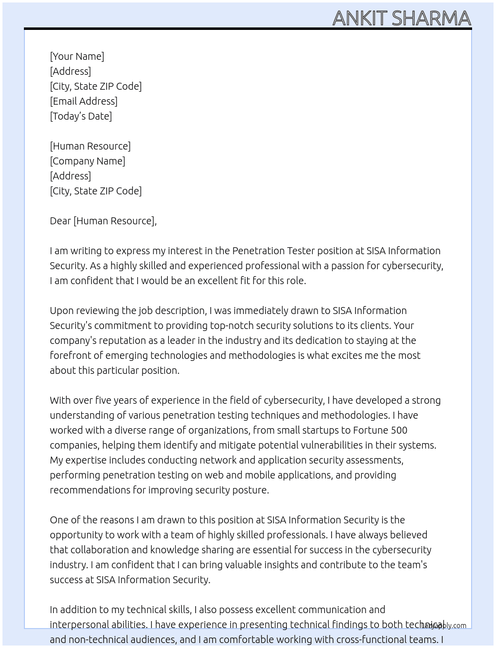 Penetration Tester At SISA Information Security Cover Letter