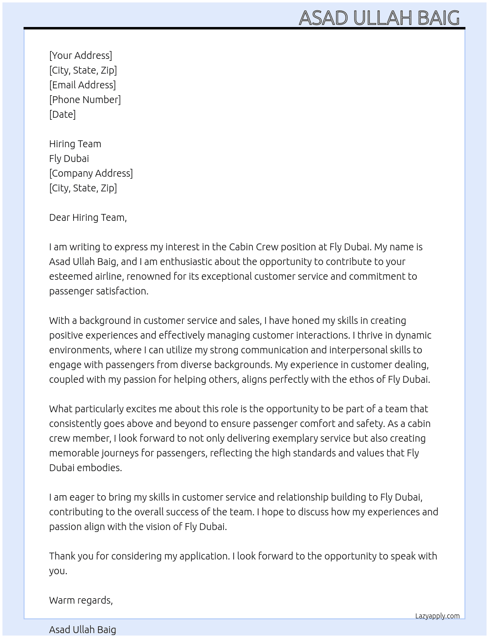 Cabin Crew  At Fly Dubai  Cover Letter
