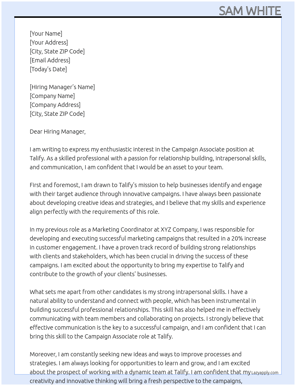 Campaign associate At Talify Cover Letter