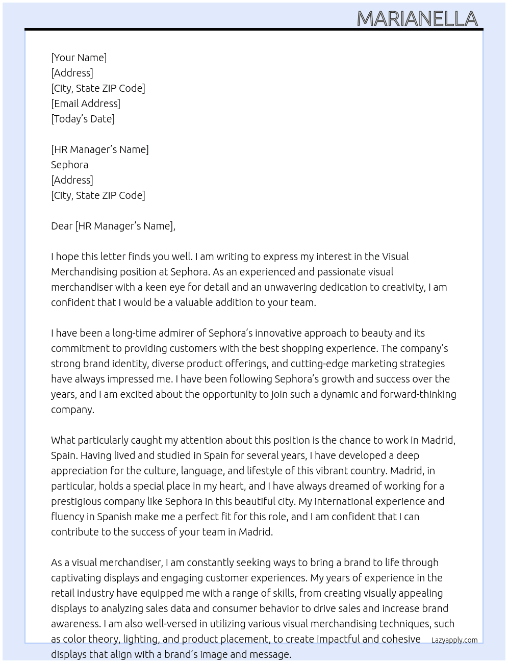 Visual Merchandising  At Sephora Cover Letter