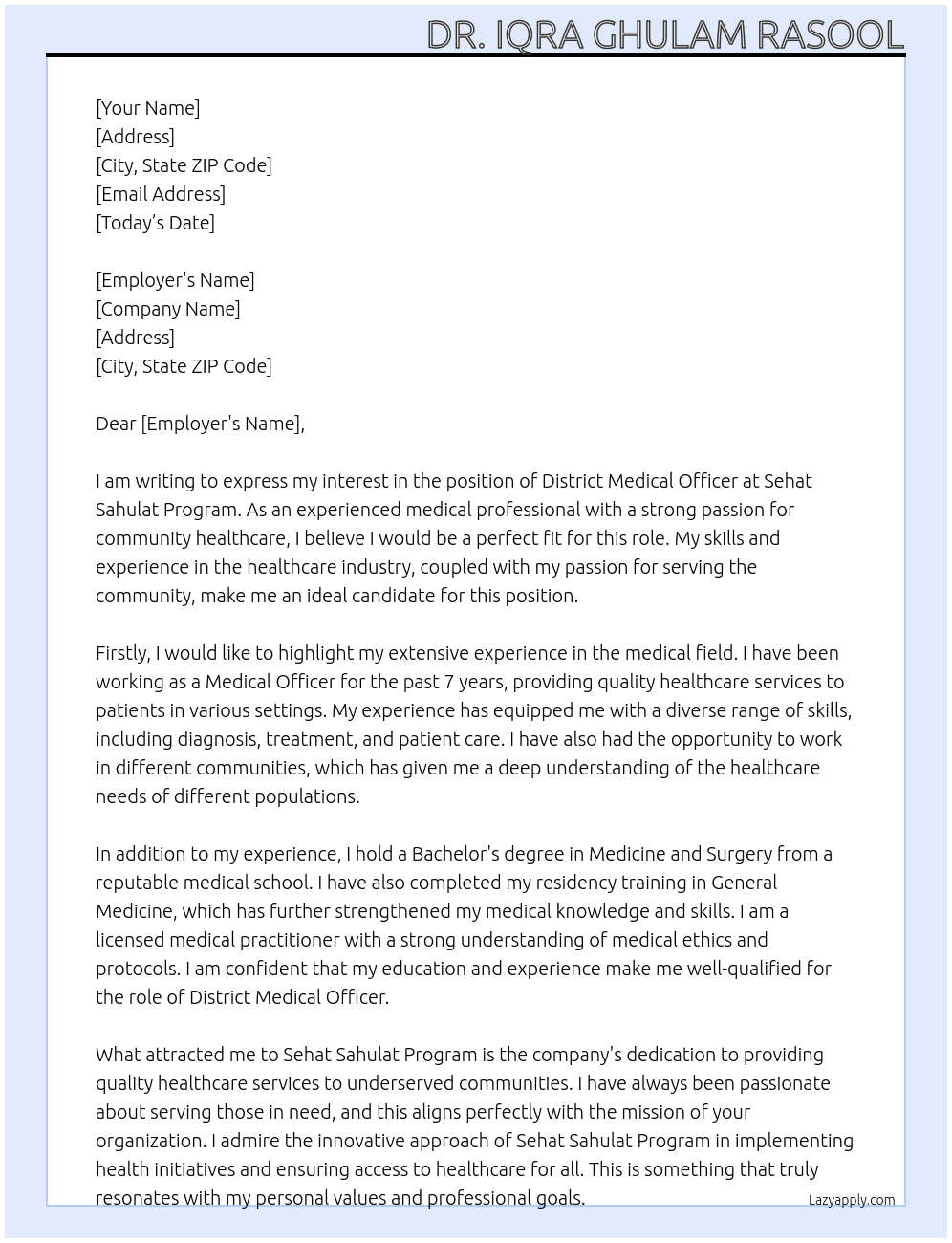 District Medical Officer At Sehat Sahulat Program Cover Letter