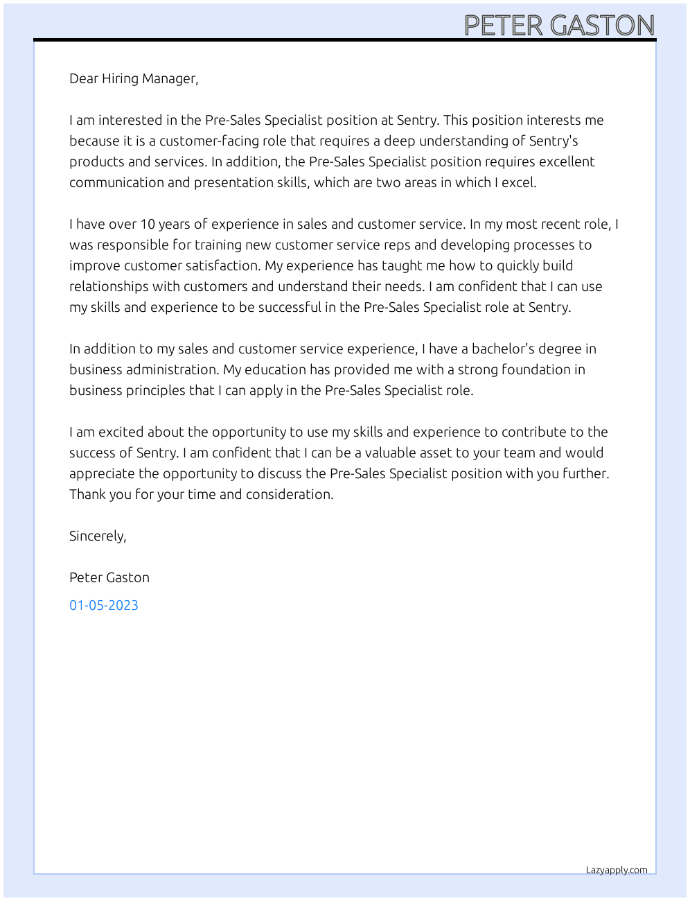 Pre-Sales Specialist At Sentry   Cover Letter