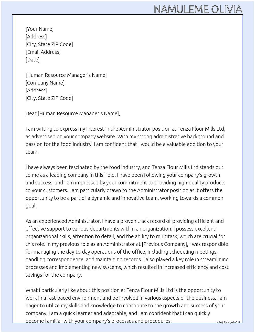 Administrator At Tenza Flour Mills Ltd Cover Letter